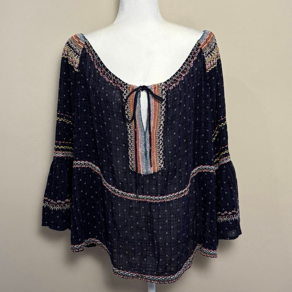 Free People Talia Embroidered Peasant Top Women's S Navy Blue Bohemian Festival